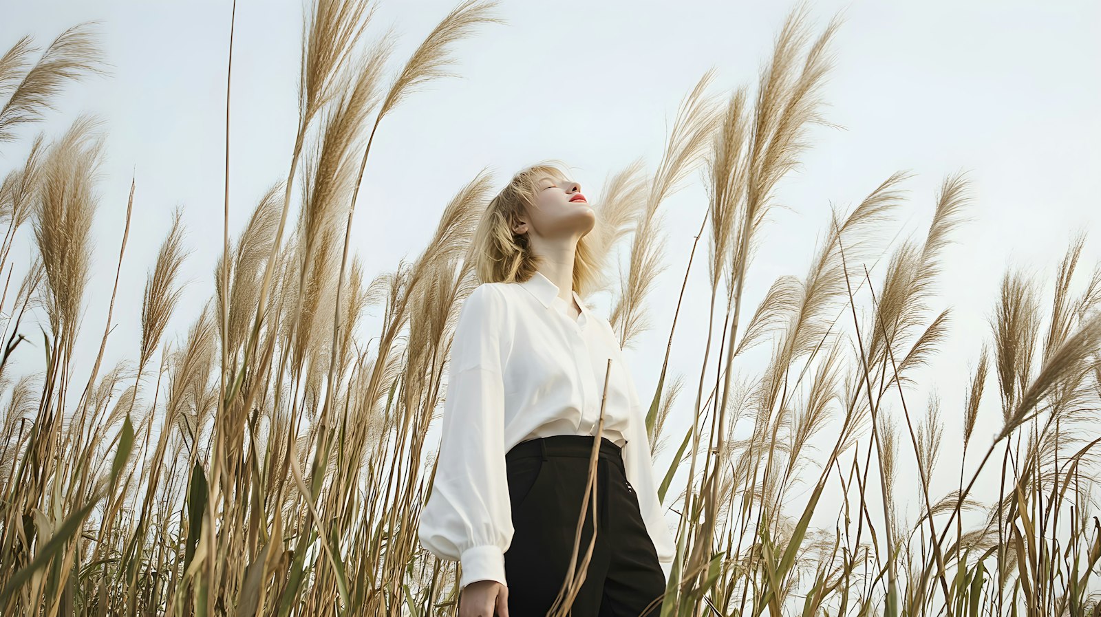 A woman standing in tall grass beneath a wide open sky